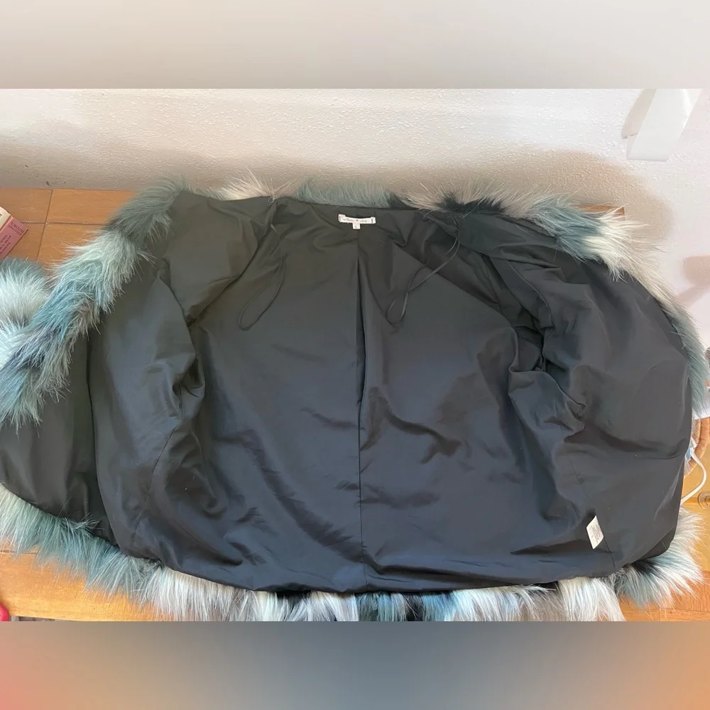 Willow And Clay Faux Fur Coat Teal Gray Multi Color Open Front Jacket Boho - Picture 8 of 12